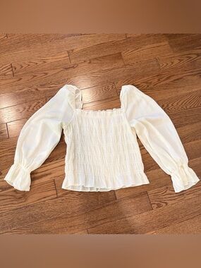 A New Day Off White Smocked Square-Neck Blouse with Puff Sleeves, Size Medium